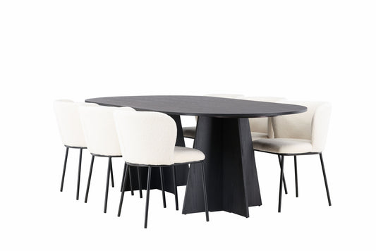 Spisebordssæt - Bootcut Oval Dining Table - Black / Black Fanéer +Edina Dining Chair - Black / White Boucle _6
