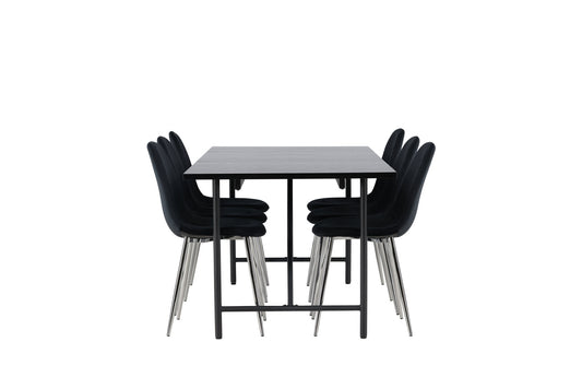 Astrid spisebord 200*75 - Matte sort / mat sort MDF med finer +polær spisestol - sort fløjl / krom _6