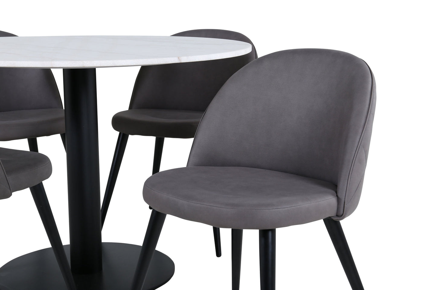 Estelle - Rundt spisebord, ø106 H75 - Hvid / Sort+ velour syninger Stol - Sort / Grå mikrofiber