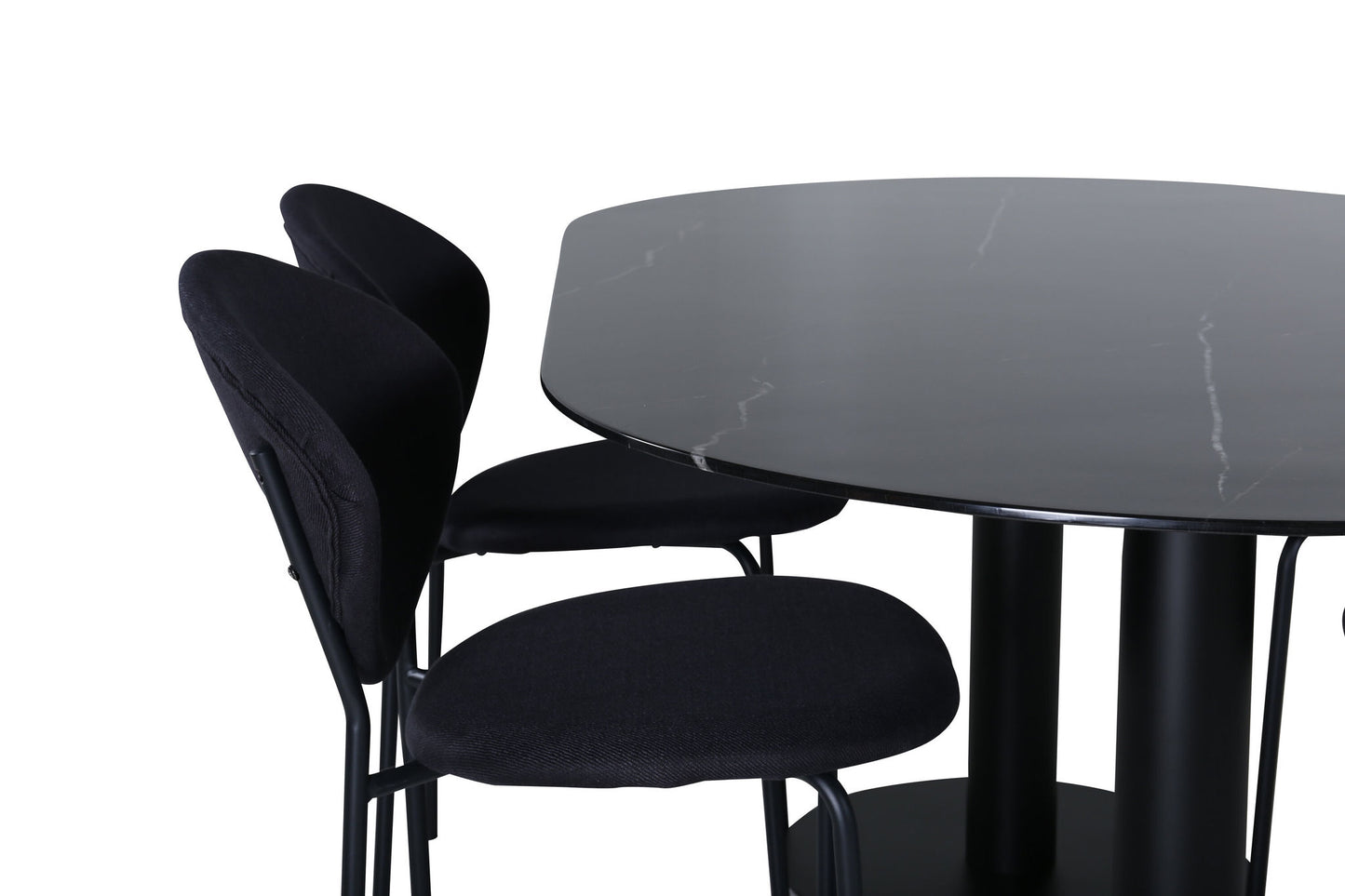 Pillan - Ovalt spisebord, Sort glas Marmor+Vault Spisebordsstol , Sorte ben, Sort Stof