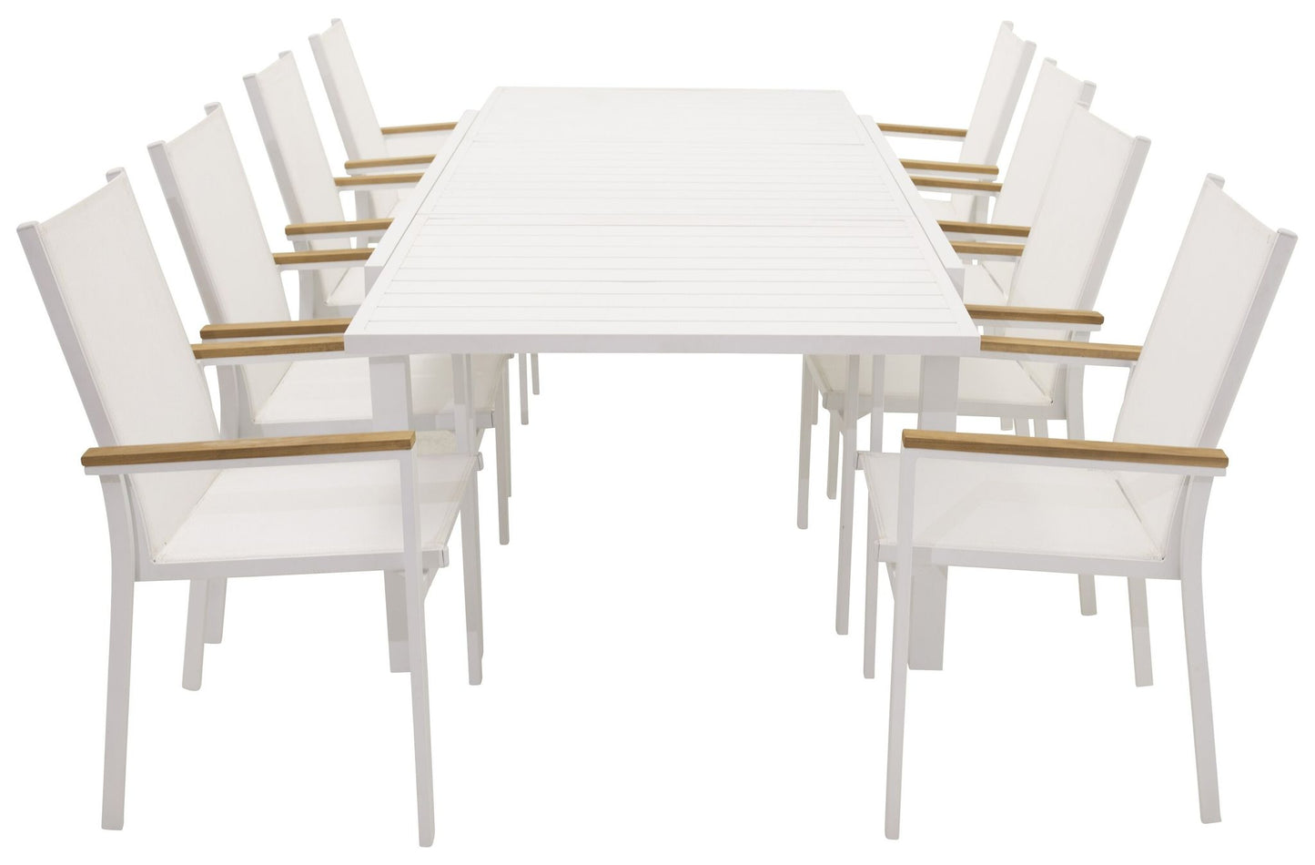Marbella - Spisebord, 160/240*100*H75 - Hvid+ Texas - Lænestol (stapelbar) hvid / teak
