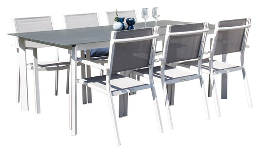 Santorini - Spisebord, 200*100 hvid alu / grå glas +Copacabana - Lænestol ( stapelbar) V