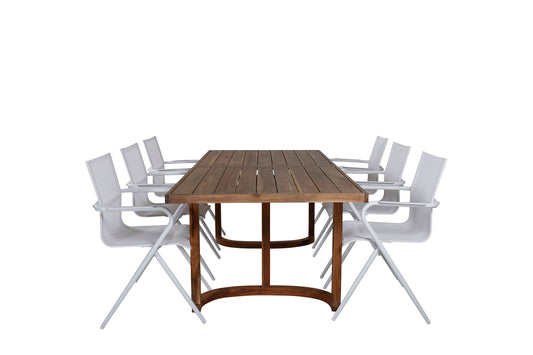 Erica Spisebord akacie stålbørstet 214*100+Alia Spisebordsstol - Hvid Alu / Hvid Tekstil