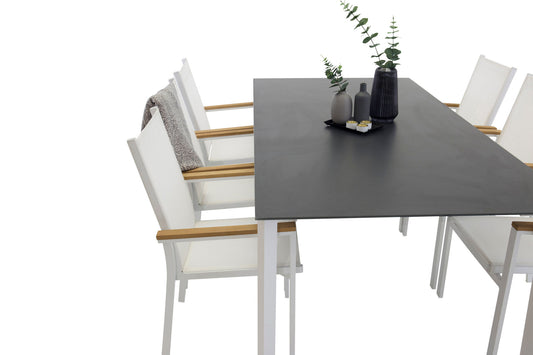 Santorini - Spisebord, 200*100 hvid alu / grå glas + Texas - Lænestol (stapelbar) hvid /