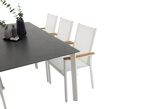 Santorini - Spisebord, 200*100 hvid alu / grå glas + Texas - Lænestol (stapelbar) hvid /