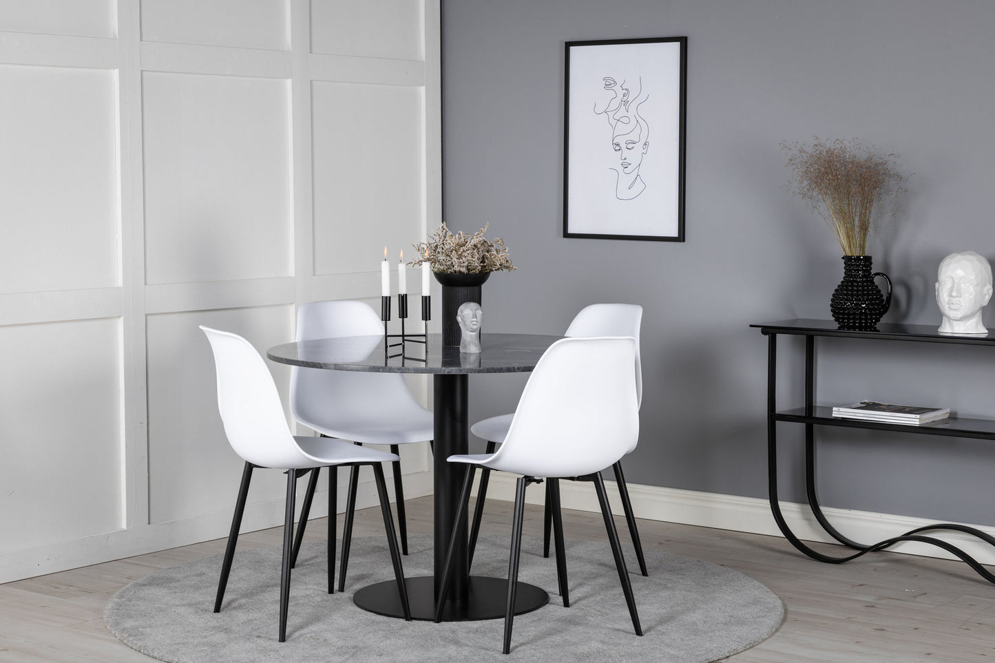 Estelle - Rundt spisebord, ø106 H75 - Sort+ Polar Plast Spisebordsstol - Sorte ben / Hvid Plast