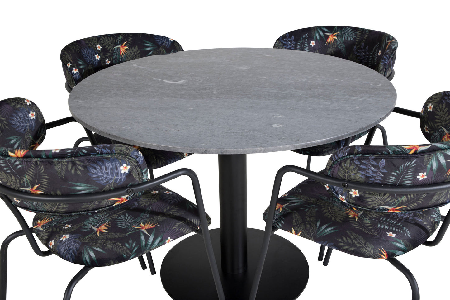 Estelle - Rundt spisebord, ø106 H75 - Sort+Arrow armstol - Sorte ben - Sort blomsterprit stof