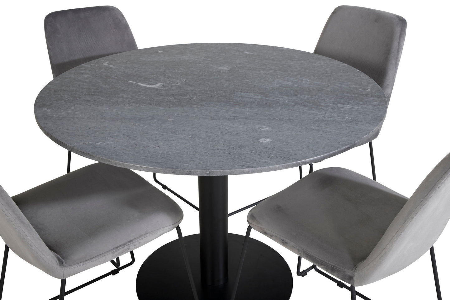 Estelle - Rundt spisebord, ø106 H75 - Sort+ Muce Spisebordsstol - Sorte ben - Grå velour