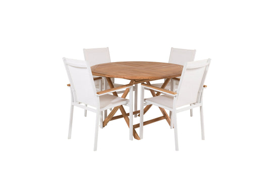 Kenya - Rundt spisebord, ø120cm - Teak+ Texas Stol m. armlæn (stabelbar) - Hvid / Tea