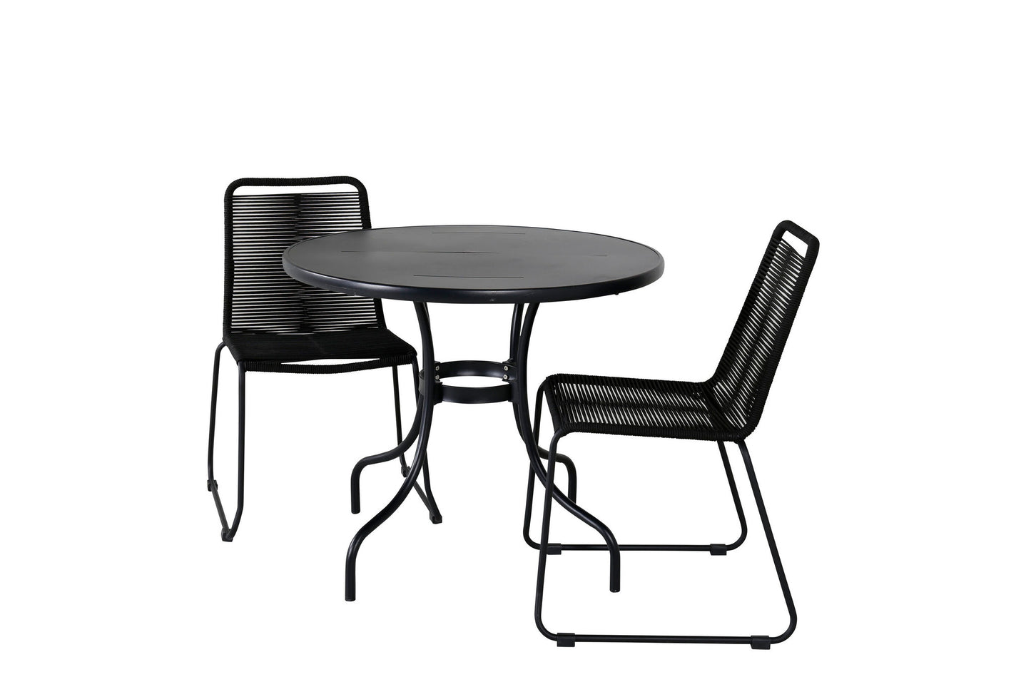 Nicke - Spisebord, Sort Stål - ø90cm+Lidos Stabelbar stol - Sort Alu / Sort Reb
