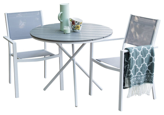 Parma cafébord ø90 - vit alu / grå aintwood+Copacabana Karmstol ( stapelbar) Vit