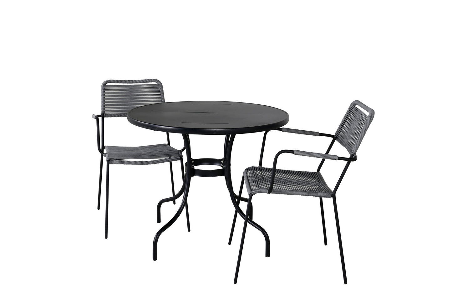 Nicke - Spisebord, Sort Stål - ø90cm+Lidos Stol m. armlæn - Sort Alu / Grå Reb