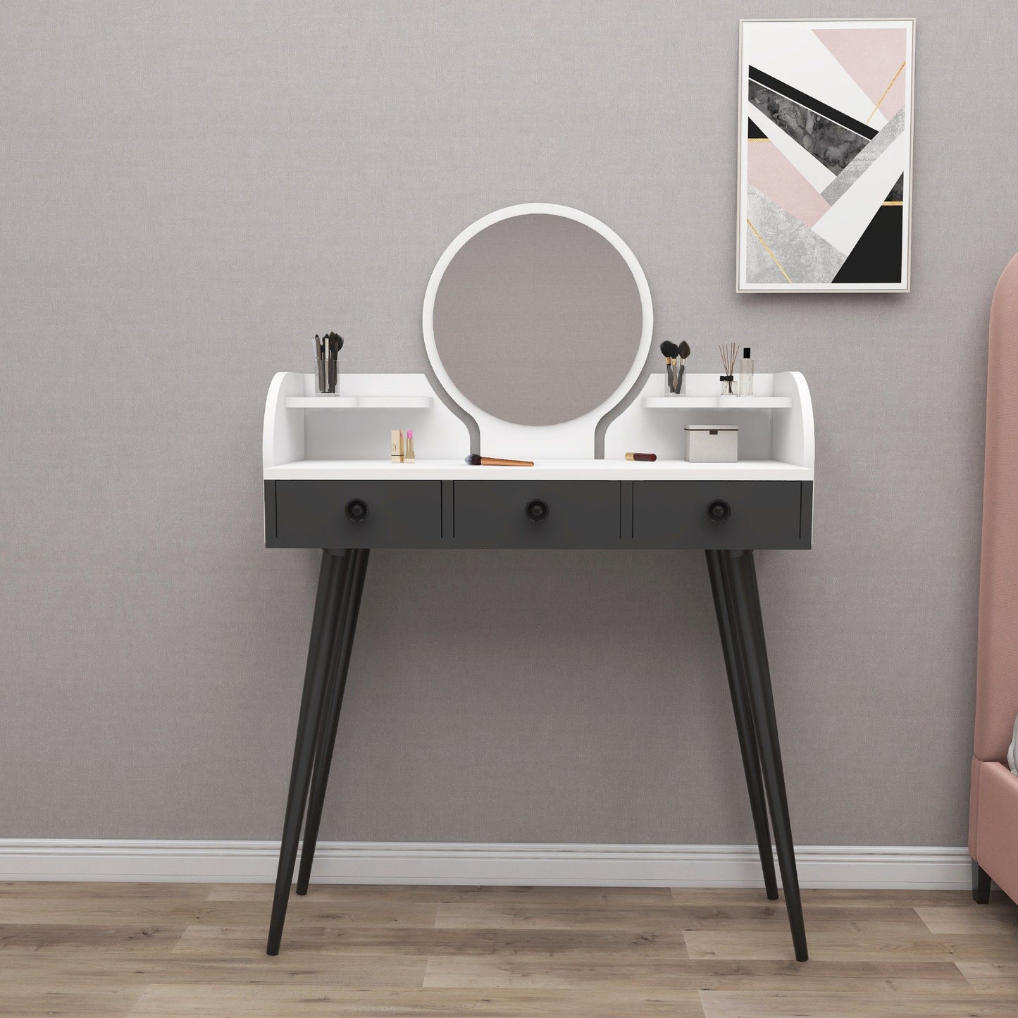 Elegans - Hvid, antracit - Make-up bord med spejl