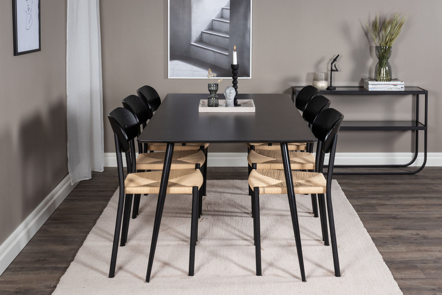 Silar spisebord - 180 cm - sort melamin / sorte ben +polly stål spisestol 2 -pakke, k / d, sort baglys sæde _6