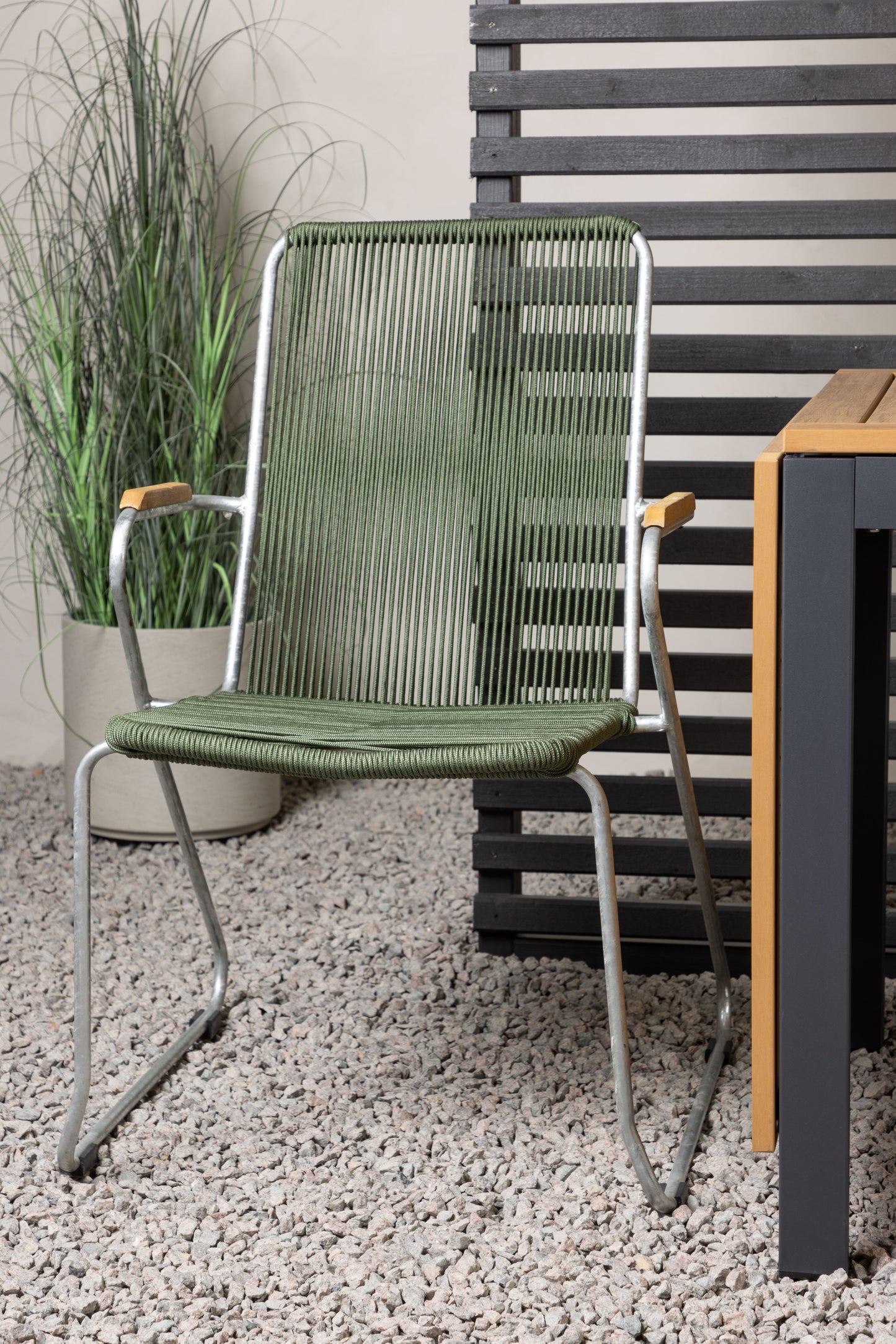 Diego - Cafébord, Aluminium - Sort / Brun Nonwood - Rektangulær 70*70/130* + Bois stol Stål - Sølv / Grønt Reb